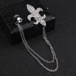 Spilla vintage color argento con strass giglio e catene doppie per abito da uomo.