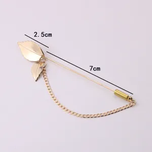 Gold leaf lapel pin for men, stylish metal brooch with chain and long pin fashion design.