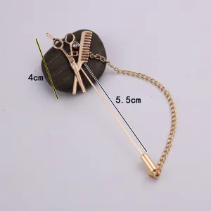 Vintage gold tone scissors comb brooch pin with chain fashion jewelry accessory for men