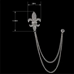 Spilla da risvolto giglio strass vintage con doppia catenella sospesa per abito uomo.