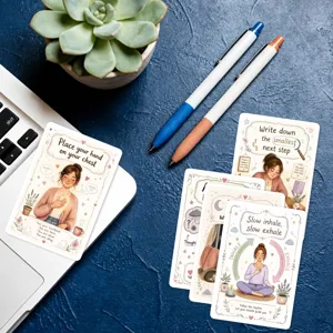 Vista detallada de un juego de tarjetas de alivio de la ansiedad con citas y dibujos inspiradores.