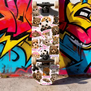 Detailansicht niedlicher Cartoon-Tier-Expressions-Aufkleber auf Skateboarddeck vor Graffitiwand.