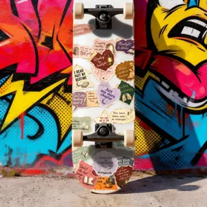 Skateboard vintage a tema di lettura con citazioni di libri stampati per sport all'aperto