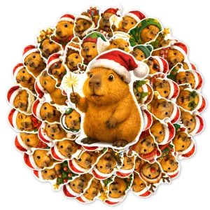 Cute Christmas Capybara waterproof stickers pack, festive holiday journal decoration decals.