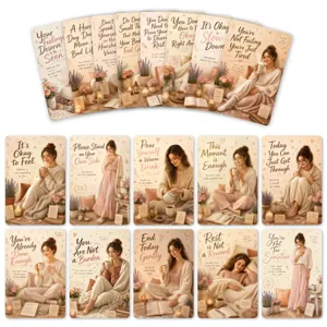 Detailed view of self-care affirmation cards with cozy lifestyle illustrations and warm text.