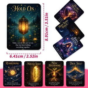 Close-up detail showcasing the mystical starry design and dimensions of the oracle cards.
