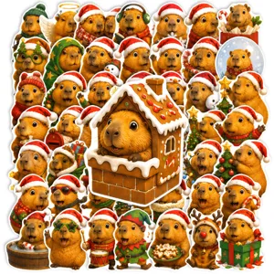 Cute Christmas capybara stickers set, waterproof vinyl decal for journaling and decor.