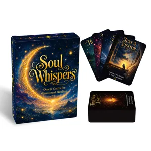 Detailed view of the 50-card Soul Whispers oracle cards set with starry night and healing theme.