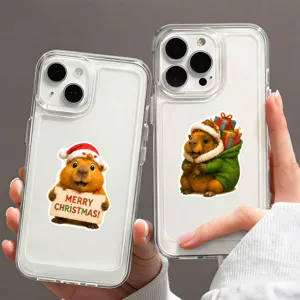 Close-up detail of the cute Christmas capybara pattern on clear phone case surface.