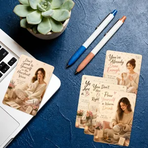 Set of aesthetic self-care motivational quote cards with realistic portrait designs for wall decor.