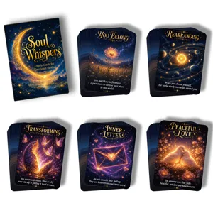 Detail view of the cosmic healing oracle cards featuring starry night illustrations and quotes.