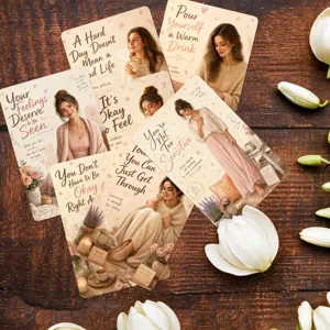 Inspirational affirmation cards featuring comforting quotes and realistic portraits for home.