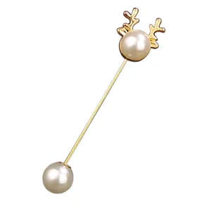 Elegant pearl reindeer long pin brooch, vintage gold metal suit lapel jewelry accessory.