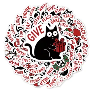 Detail view of Christmas black cat stickers set featuring festive holiday design and English words.