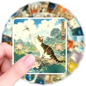 Autocollant de chat et lotus style ukiyo-e japonais, autocollant décoratif imperméable.