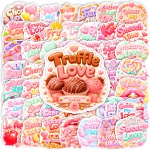 Close-up details of 50pcs sweet candy love waterproof decorative stickers, cute design.