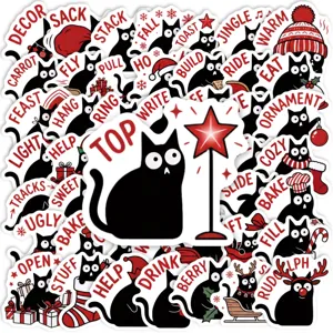 Funny Black Cat Holiday Theme Waterproof Stickers For Christmas DIY Scrapbooking Journal Laptop Decoration Vinyl Decal Set