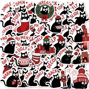 Christmas black cat waterproof stickers set, cute holiday DIY planner decals for decor.