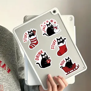 Detailed view of cute black cat holiday waterproof stickers on tablet case for DIY decoration.