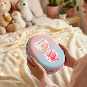 Cute pastel storage case with sweet design stickers, portable hard shell organizer pouch for daily use.