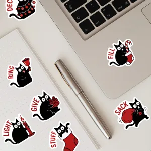 Waterproof black cat stickers with cute holiday designs, perfect for journaling and DIY decor.