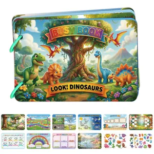 Kids dinosaur busy book educational interactive quiet sticker book with multiple learning games.