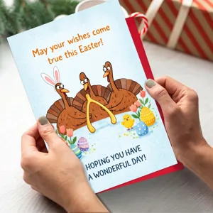 Bellissimo biglietto d'auguri di Pasqua con simpatici tacchini e uova colorate.