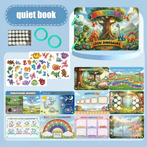 Dinosaur busy book detail view showing interactive sticker pages, matching games and velcro dots.