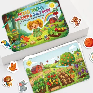 Children quiet book early learning interactive DIY stickers toy detail view showing farm scenes.