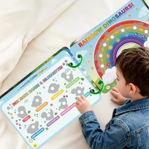 Children quiet book detail view showing dinosaur silhouette matching game and colorful rainbow numbers page.