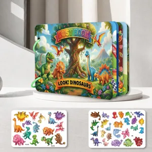 Children dinosaur busy book quiet activity book with reusable stickers for early learning and play.