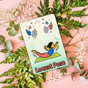 Detailansicht einer lustigen Cartoon-Yoga-Lernkarte mit Heuschrecken-Pose-Illustration.