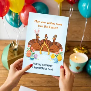 Biglietto d'auguri di Pasqua con tacchino, uova colorate e tulipani, regalo festivo ideale.