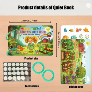 Kids quiet book detail showing dimensions, sticker pages, and DIY accessories for early learning.