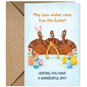 Biglietto d'auguri di Pasqua con tacchino carino, orecchie di coniglio, uova e tulipani per le feste.