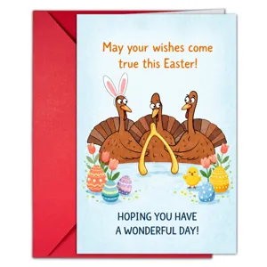 Biglietto auguri di Pasqua con tacchino, orecchie di coniglio, uova colorate e tulipani con busta rossa.