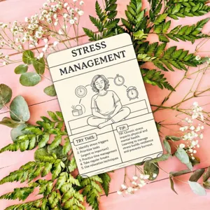 Stressbewältigung Kartenset mit Achtsamkeitsillustrationen und Tipps für die mentale Gesundheit.
