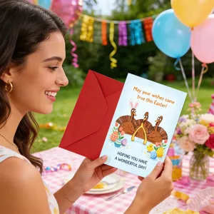 Biglietto d'auguri di Pasqua con simpatico tacchino, uova e tulipani, con busta rossa inclusa.