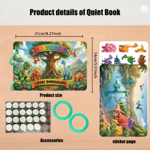 Dinosaur quiet book detail page showing 21x14cm size, sticker pages, and cute accessories.