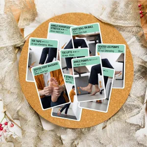 Vue détaillée de cartes d'exercices pour les pieds et chevilles avec consignes et répétitions.