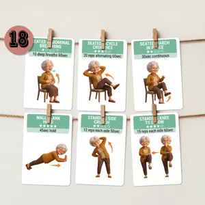 Tarjetas de ejercicios de activacion del core para mayores, set de entrenamiento de fitness.
