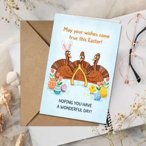 Biglietto d'auguri di Pasqua con tacchino e uova, pagina interna vuota con busta per feste.