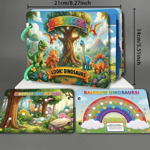Children dinosaur busy book detail, interactive quiet pages and colorful matching game activity.