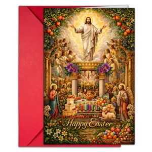 Vista dettagliata del biglietto d'auguri pasquale cristiano con Gesù e busta rossa.