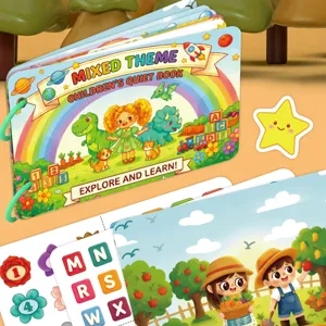 Kids quiet book detail showing mixed theme illustrations, interactive pages and early learning elements.
