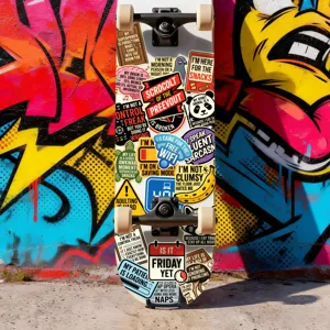 Skateboard con adesivi meme divertenti, skate graffiti impermeabile per sport all'aperto e decoro.