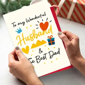 Carte de vœux fête des pères pour mari merveilleux et meilleur papa avec enveloppe rouge cadeau.