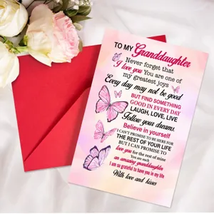Carte de Voeux Petite-fille Papillon Rose Illustration Dessinée à la Main Message Chaleureux Carte Anniversaire Enveloppe