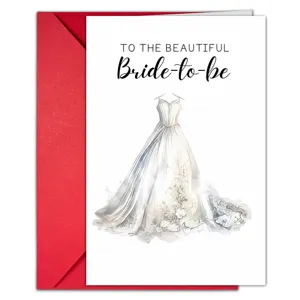 Vista detallada de tarjeta de felicitación de boda con diseño de vestido de novia acuarela.