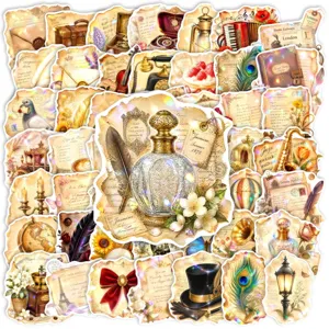 Pack de 50 stickers rétro européens, autocollants vintage pour carnet et loisirs créatifs.